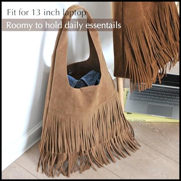 Faux Suede Hobo Bag Fringe Shoulder Handbag Boho Chic Slouchy Tote - Picture 5 of 7